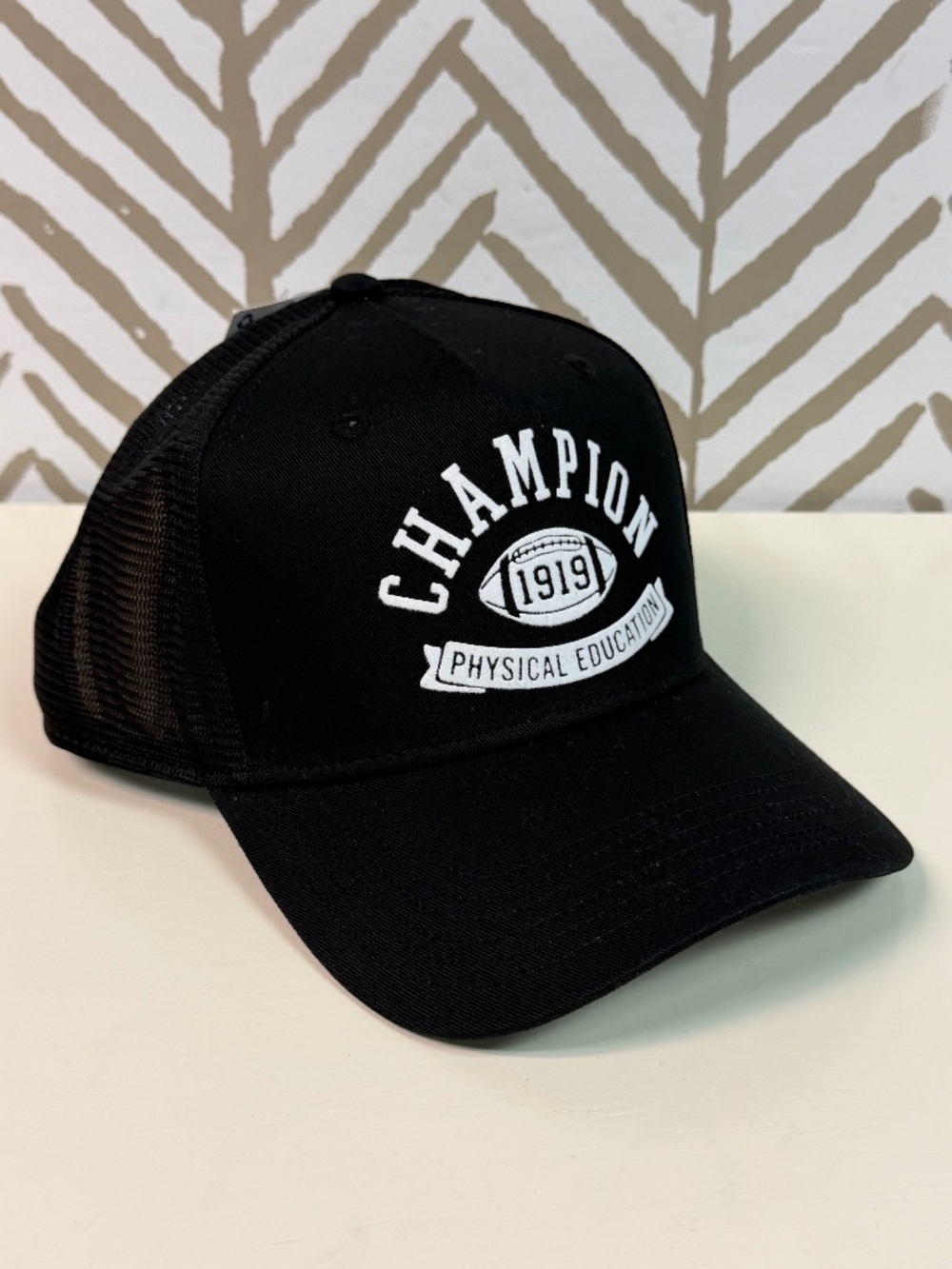 NWT Champion Physical Education Black Trucker Snap Back Mesh Hat